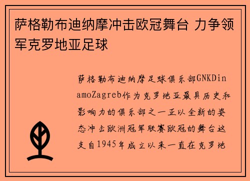 萨格勒布迪纳摩冲击欧冠舞台 力争领军克罗地亚足球
